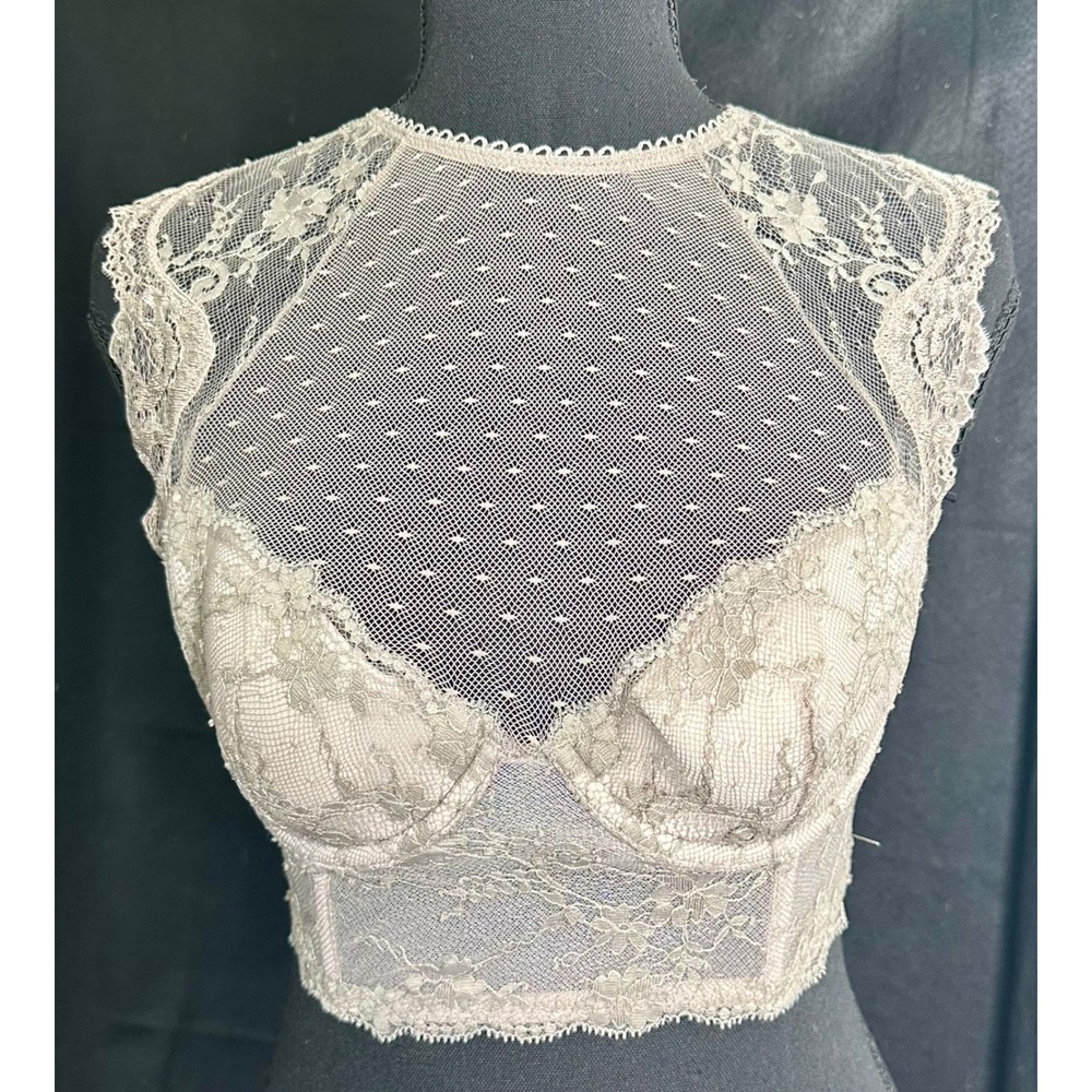 Victorias Secret NWT Dream‎ Angels Lace Longline Bra 32C Gray High Neck 366926